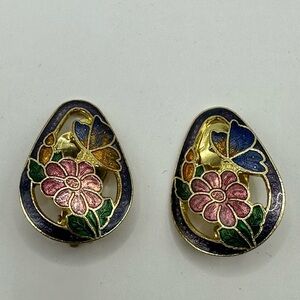 Floral Butterfly Cloisonné Earrings.  Clip back.
